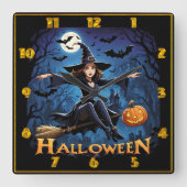 Heks zweeft over spookstad op Halloween Vierkante Klok (Voorkant)
