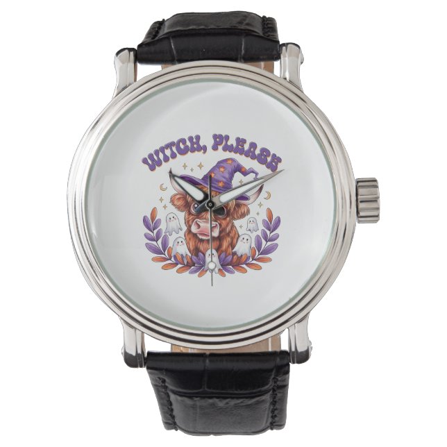 Heksen alsjeblieft Highland Koe Halloween Horloge (Voorkant)