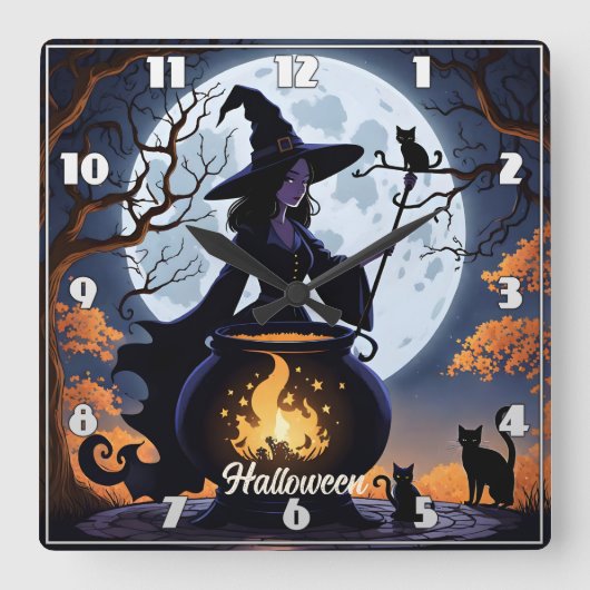 Heksen brouwen drankjes op een Halloween-avond Vierkante Klok (Voorkant)