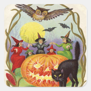 Heksen dansen rond de Jack O' Lantern Vierkante Sticker