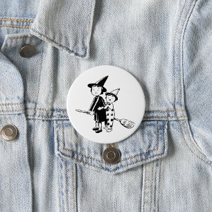 Heksen en clown op bezemsteel voor Halloween Ronde Button 7,6 Cm