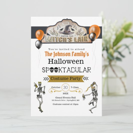 Heksen- en dansende skeletten verkleedfeest kaart (Staand voorkant)