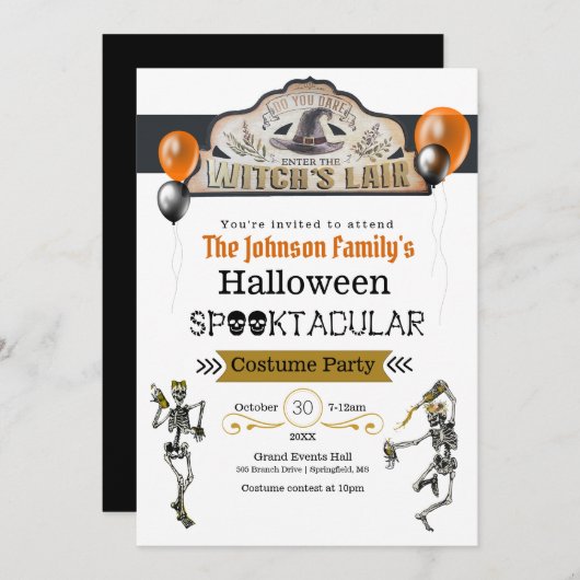 Heksen- en dansende skeletten verkleedfeest kaart (Voorkant / Achterkant)