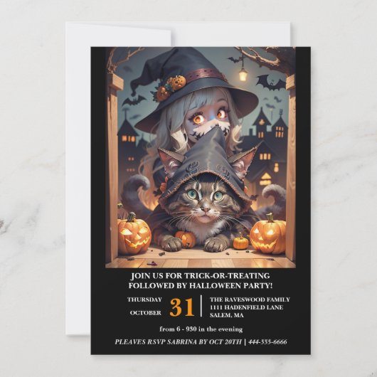 Heksen en hun kat Halloween Party Kaart (Voorkant)