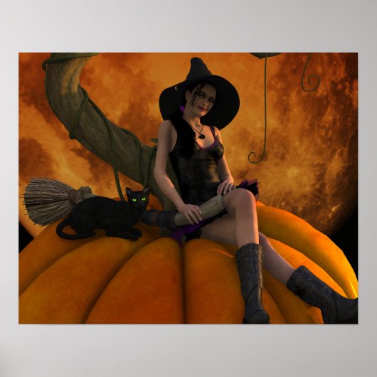 Heksen en katten op Giant Pumpkin Poster (Voorkant)