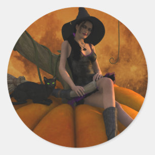 Heksen en katten op Giant Pumpkin Ronde Sticker