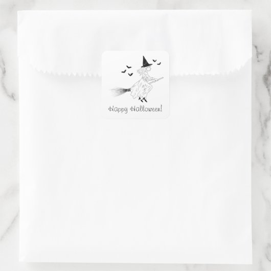 Heksen en vleermuizen Line Art Minimal Happy Hallo Vierkante Sticker (Tas)