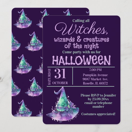 Heksen en Wizards Paarse Halloween Party Kaart (Voorkant / Achterkant)