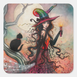 Heksen- en zwarte kat fantasykunst voor Halloween Vierkante Sticker