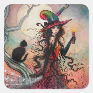 Heksen- en zwarte kat fantasykunst voor Halloween Vierkante Sticker