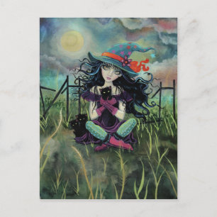 Heksen en zwarte katten fantasy kunst op Halloween Briefkaart