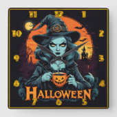 Heksen genieten van pompoen drink op Halloween nac Vierkante Klok (Voorkant)