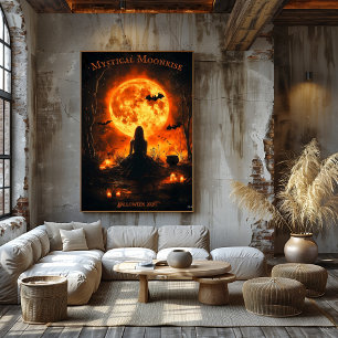 Heksen-Halloween met volle maan, kaarsen en vleerm Poster