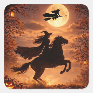 Heksen Halloween-stickers met paard Vierkante Sticker
