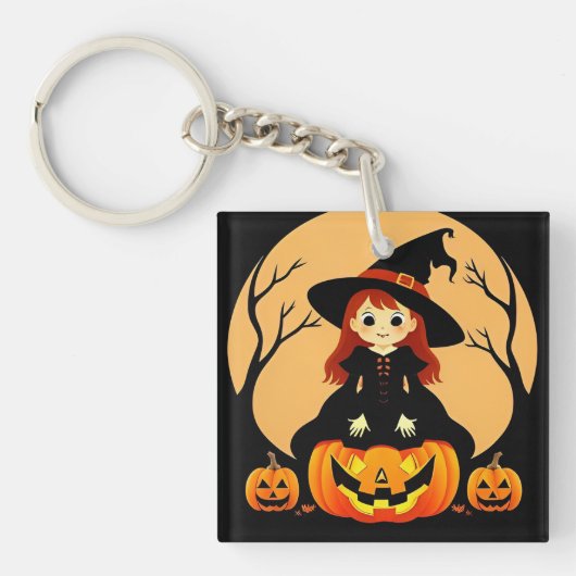 Heksen in Halloween-setting met pompoenen Sleutelhanger (voorkant)