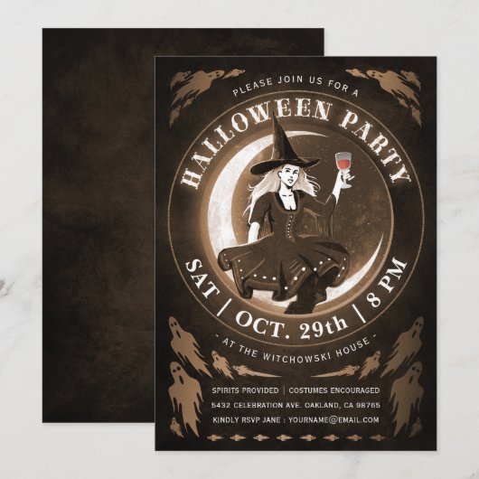 Heksen & Maan Halloween Uitnodigingen | Amber (Voorkant / Achterkant)