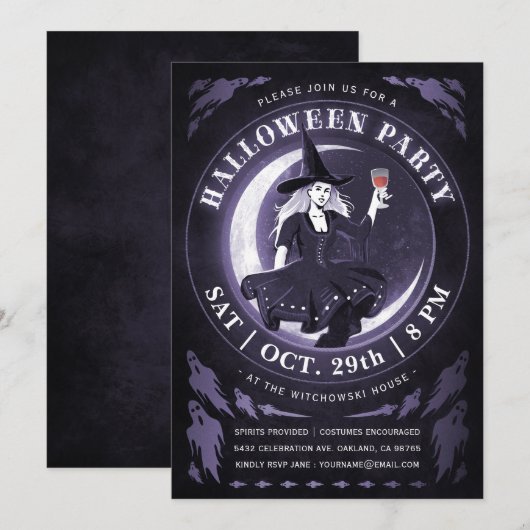 Heksen & Maan Halloween Uitnodigingen | Paars (Voorkant / Achterkant)