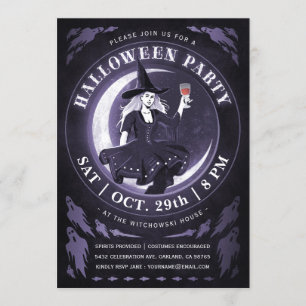 Heksen & Maan Halloween Uitnodigingen Paars
