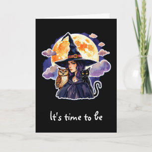 Heksen met een kat en een uil - Halloween Fan Fun Kaart
