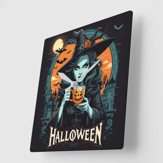 Heksen met pompoen mok op Halloween Vierkante Klok (Hoek)