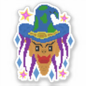 Heksen op bezemsteel met Halloween – Pixel Art Sticker (Voorkant)