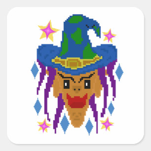 Heksen op bezemsteel voor Halloween – Pixel Art Vierkante Sticker