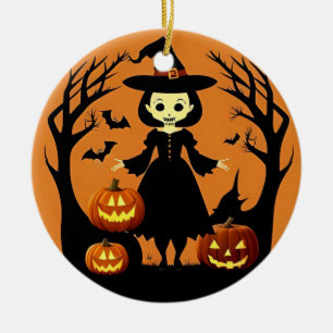 Heksen op Halloween met Pompoenen in een Griezelig Keramisch Ornament