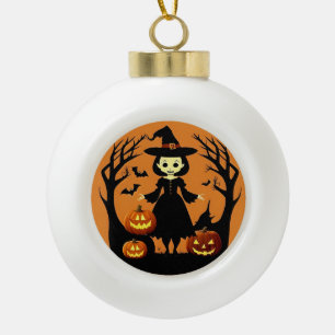Heksen op Halloween met Pompoenen in een Griezelig Keramische Bal Ornament