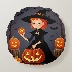 Heksen op Halloween met Pompoenen Rond Kussen