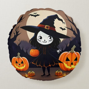 Heksen op Halloween met Pompoenen Rond Kussen