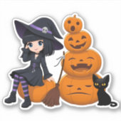 Heksen op Halloween, Zwarte Kat en Pompoenen Sticker (Voorkant)