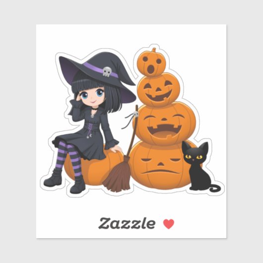 Heksen op Halloween, Zwarte Kat en Pompoenen Sticker (Vel)