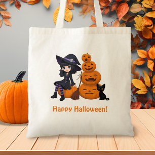 Heksen op Halloween, Zwarte Kat en Pompoenen Tote Bag