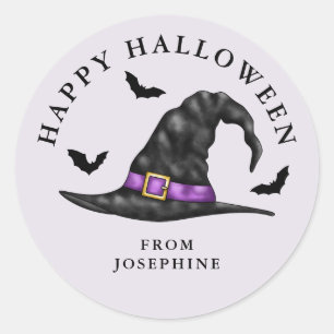 Heksen Pet en vleermuizen Lila Happy Halloween Ronde Sticker