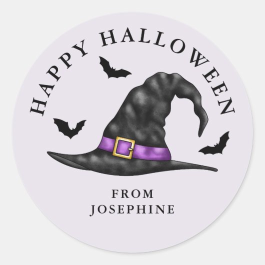 Heksen Pet en vleermuizen Lila Happy Halloween Ronde Sticker (Voorkant)