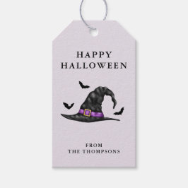 Heksen Pet en vleermuizen op Lila Happy Halloween Cadeaulabel