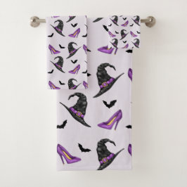 Heksen Pet Lila hakken met vleermuizen Halloween P Bad Handdoek