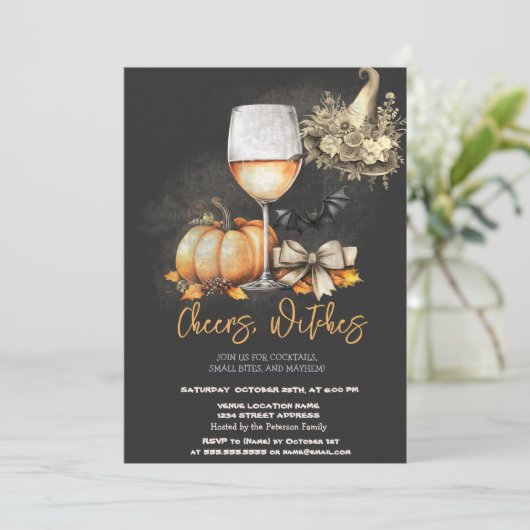 Heksen Pet Pompoen Boog Wijnglas Halloween Party Kaart (Staand voorkant)