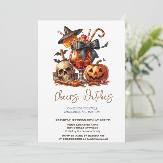 Heksen Pet Pompoen Schedel Halloween Uitnodiging (Staand voorkant)