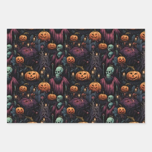 Heksen pompoen schedels vleermuizen eng Halloween Inpakpapier Vel (Voorkant 2)