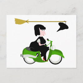 Heksen rijden op een groene brommer briefkaart