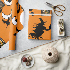 Heksen tovenaar zwarte kat maan bloomstick cadeaupapier