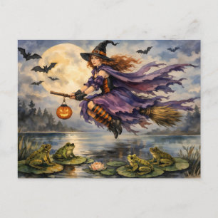 Heksen van Halloween vliegen over de vijver met ki Briefkaart