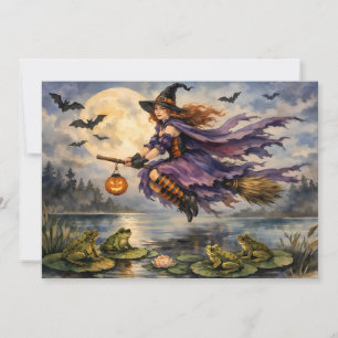 Heksen van Halloween vliegen over de vijver met ki Kaart