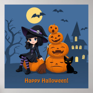 Heksen van Halloween, Zwarte Kat en Pompoenen Poster