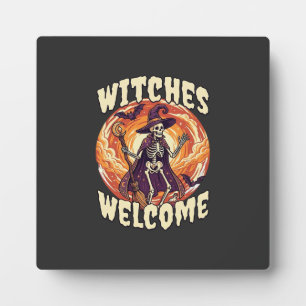 Heksen Verwelkomen Halloween Skelet Heks Bezem Vle Fotoplaat