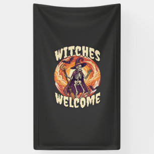 Heksen Verwelkomen Halloween Skelet Heks Bezem Vle Spandoek