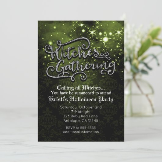 Heksen verzamelen groene en zwarte damast uitnodig kaart (Staand voorkant)