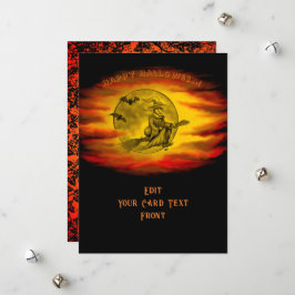 Heksen vliegen met zwarte kat, Halloween-nacht Feestdagenkaart