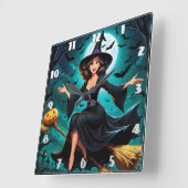 Heksen vliegen over een maanverlichte begraafplaat vierkante klok (Hoek)